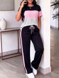 Spring/Summer Women's Striped T-Shirt and Elastic-Waist Drawstring Pants Casual Two Piece Set