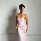 Women's Lace Patchwork Satin Strappy Slim-Waist Low-Cut Long Dress