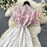 Women's Summer Floral Cutout Short-Sleeve Lace-Embroidered High-Waist Slim-Waist A-Line Dress