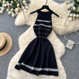 Women's Summer Striped Cutout Sleeveless Knitted High-Waist A-Line Career Mini Dress