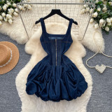 Women's Summer Denim Strappy Slim-Waist Slim-Fit Chic A-Line Dress