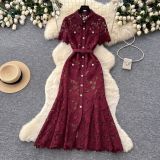 Women's Summer Elegant Luxury Lace Cutout Turndown-Collar Slim-Waist Slim-Fit Career Long Dress