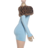 Women's Fall/Winter Chic Elegant Fur-Collar Patchwork Off-Shoulder Long-Sleeve Bodycon Dress