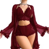 Women's Plus Size Sexy Lace Robe and See-Through Lingerie Pajama Set