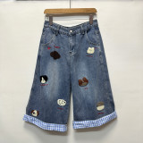 Women's Embroidered Plaid Patchwork Wide-Leg Cropped Denim Pants