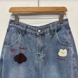 Women's Embroidered Plaid Patchwork Wide-Leg Cropped Denim Pants