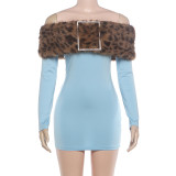 Women's Fall/Winter Chic Elegant Fur-Collar Patchwork Off-Shoulder Long-Sleeve Bodycon Dress
