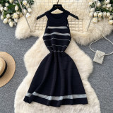 Women's Summer Striped Cutout Sleeveless Knitted High-Waist A-Line Career Mini Dress
