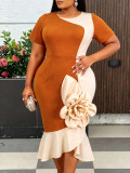 Women's Plus Size Color-Block Short-Sleeve Floral Bodycon Mermaid Formal Party Dress