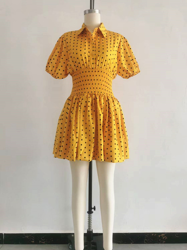 Turndown-Collar Short-Sleeve Slim-Waist Mini Dress for Fall