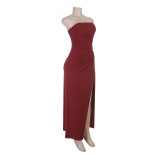 Women's Strapless Ruched Slim-Waist High-Slit Formal Party Dress