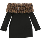 Women's Fall/Winter Chic Elegant Fur-Collar Patchwork Off-Shoulder Long-Sleeve Bodycon Dress