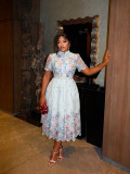 Women's Summer Floral Cutout Short-Sleeve Lace-Embroidered High-Waist Slim-Waist A-Line Dress