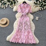 Women's Summer Elegant Luxury Lace Cutout Turndown-Collar Slim-Waist Slim-Fit Career Long Dress