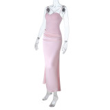 Women's Lace Patchwork Satin Strappy Slim-Waist Low-Cut Long Dress