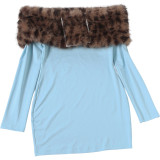 Women's Fall/Winter Chic Elegant Fur-Collar Patchwork Off-Shoulder Long-Sleeve Bodycon Dress