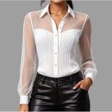 Spring/Fall Women's Chic Elegant Solid-Color Turndown-Collar See-Through Long-Sleeve Mesh Patchwork Shirt