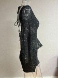 Women's Sequin Slim-Fit Bodycon Sexy Low-Back Long-Sleeve Evening Dress
