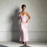Women's Lace Patchwork Satin Strappy Slim-Waist Low-Cut Long Dress