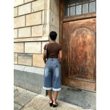 Women's Embroidered Plaid Patchwork Wide-Leg Cropped Denim Pants