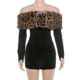 Women's Fall/Winter Chic Elegant Fur-Collar Patchwork Off-Shoulder Long-Sleeve Bodycon Dress