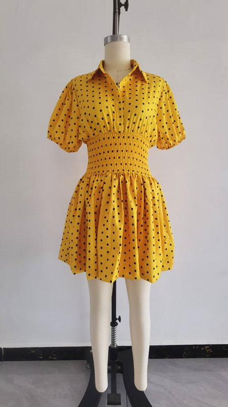 Turndown-Collar Short-Sleeve Slim-Waist Mini Dress for Fall