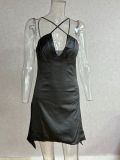 Women's Black Satin Deep-V Strappy Bodycon Party Dress