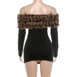 Women's Fall/Winter Chic Elegant Fur-Collar Patchwork Off-Shoulder Long-Sleeve Bodycon Dress