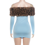 Women's Fall/Winter Chic Elegant Fur-Collar Patchwork Off-Shoulder Long-Sleeve Bodycon Dress