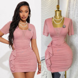 Women's Summer Purple V-Neck Short-Sleeve Slim-Waist Slim-Fit Bodycon A-Line Career Dress
