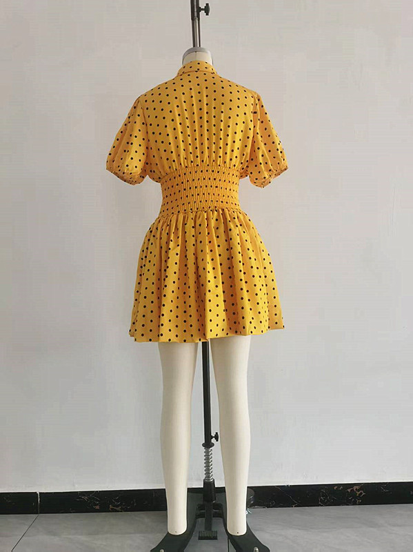Turndown-Collar Short-Sleeve Slim-Waist Mini Dress for Fall