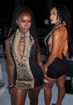 Women Furry Collar Halter Neck Bodycon Backless Pleated Mini Dress Women Furry Collar Halter Neck Bodycon Backless Pleated Mini Dress