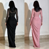 Women Beaded High‑Neck Mesh Long Sleeve Ruched Bodycon Dress