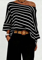 Women Autumn Casual Striped Bat‑Sleeve Asymmetrical Neck T‑Shirt Women Autumn Casual Striped Bat‑Sleeve Asymmetrical Neck T‑Shirt