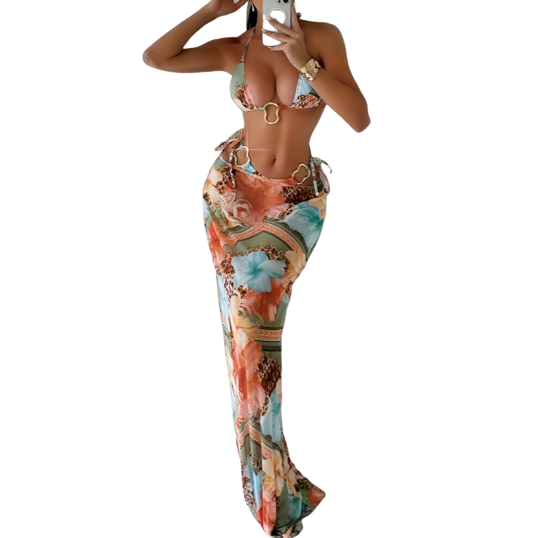 Printed Tie-Strap Bikini & Beach Skirt Three-Piece Swimsuit Set