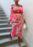 Women Long Sleeve Off‑Shoulder Mesh Printed Top & Slit Skirt Two‑Piece Set