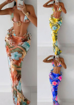 Women Bikini Printed Tie‑Strap Beach Skirt Swimsuit Three‑Piece Set Women Bikini Printed Tie‑Strap Beach Skirt Swimsuit Three‑Piece Set