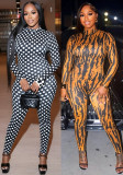 Women Autumn Printed Mock‑Neck Backless Long Sleeve Jumpsuit