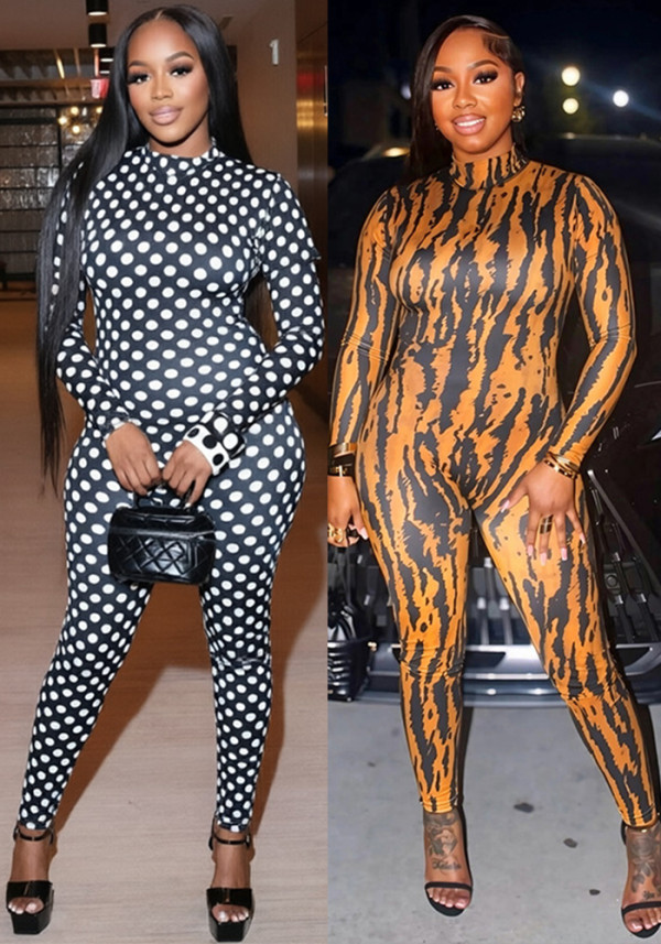 Women Autumn Printed Mock‑Neck Backless Long Sleeve Jumpsuit