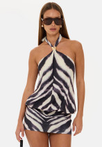 Women Summer Zebra‑Print Halter Neck Metal Ring Backless Dress Women Summer Zebra‑Print Halter Neck Metal Ring Backless Dress