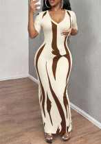 Women Sexy V‑Neck Ruched Short Sleeve Printed Dress Women Sexy V‑Neck Ruched Short Sleeve Printed Dress