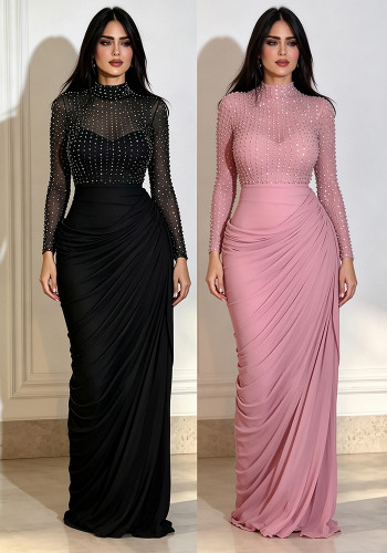 Women Beaded High‑Neck Mesh Long Sleeve Ruched Bodycon Dress