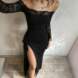 Women Slit Lace Long Sleeve Off‑Shoulder Formal Party Dress