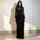 Women Beaded High‑Neck Mesh Long Sleeve Ruched Bodycon Dress