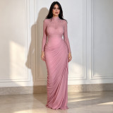 Women Beaded High‑Neck Mesh Long Sleeve Ruched Bodycon Dress