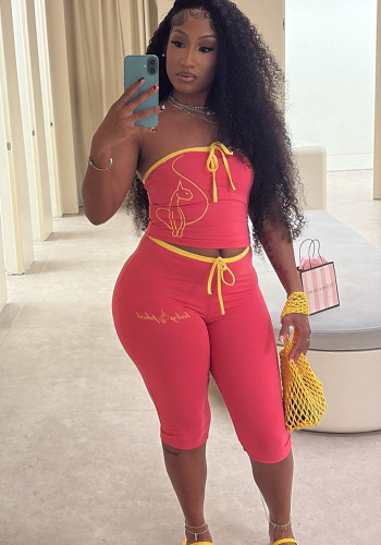 Women Color‑Block Tie Strapless Top & Shorts Two‑Piece Set