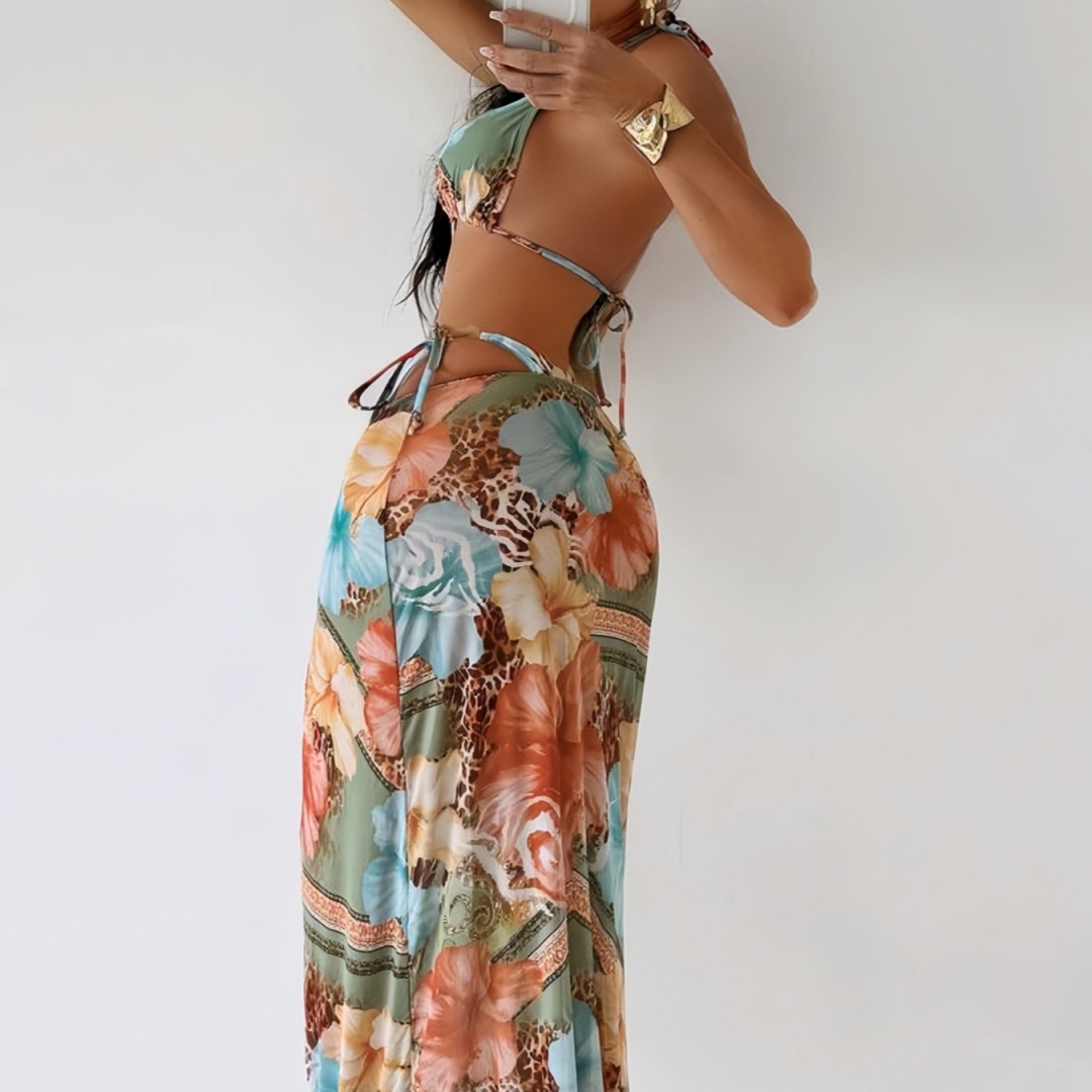 Printed Tie-Strap Bikini & Beach Skirt Three-Piece Swimsuit Set