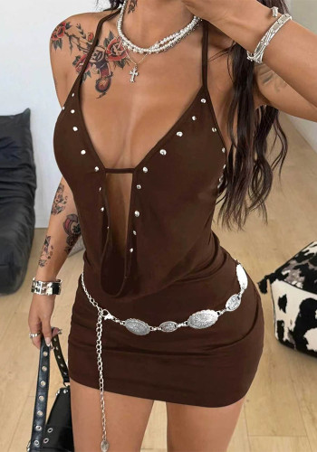 Women American‑Style Rivet Embellished Sexy Mini Dress
