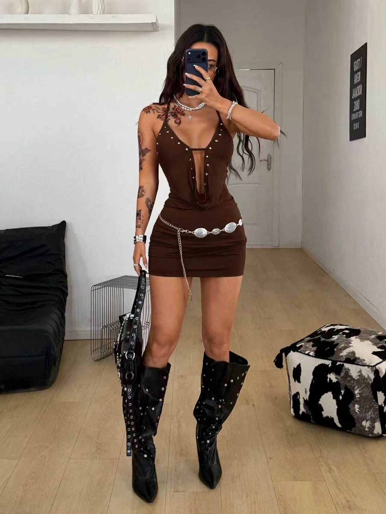 Rivet Embellished Mini Dress for Clubwear