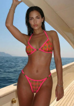 Women Geometric Floral Trim Metal‑Buckle Halter Neck Sexy Two‑Piece Swimsuit Set